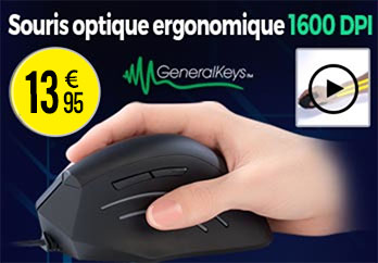 Souris optique ergonomique 1600 DPI, 6 boutons - Filaire - General Keys  - PX3877