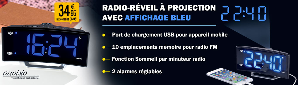 Radio-réveil à projection avec affichage bleu et port de chargement USB - NX8426