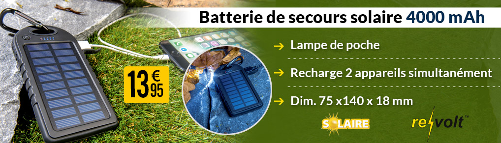 Batterie de secours solaire 4000 mAh avec 2 ports USB + mini lampe LED - PX2957