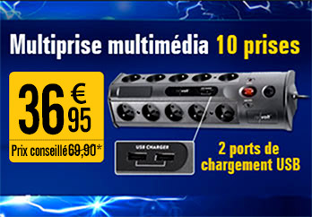 Multiprise multimédia 10 prises avec 2 ports de chargement USB  - KT8548