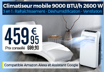 Climatiseur mobile 9000 BTU/h 2600 W compatible Amazon Alexa et Assistant Google - Sichler Haushaltsgeräte - NX9765