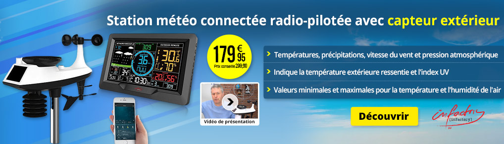 Station météo radio-pilotée connectée FWS-1200 avec capteur extérieur Infactory - NX6396