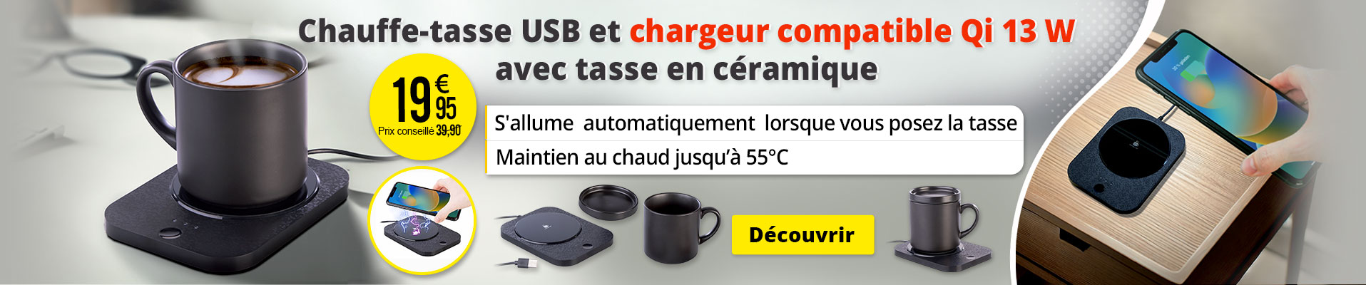 Chauffe-tasse USB et chargeur compatible Qi 13 W avec tasse en céramique - ZX6727