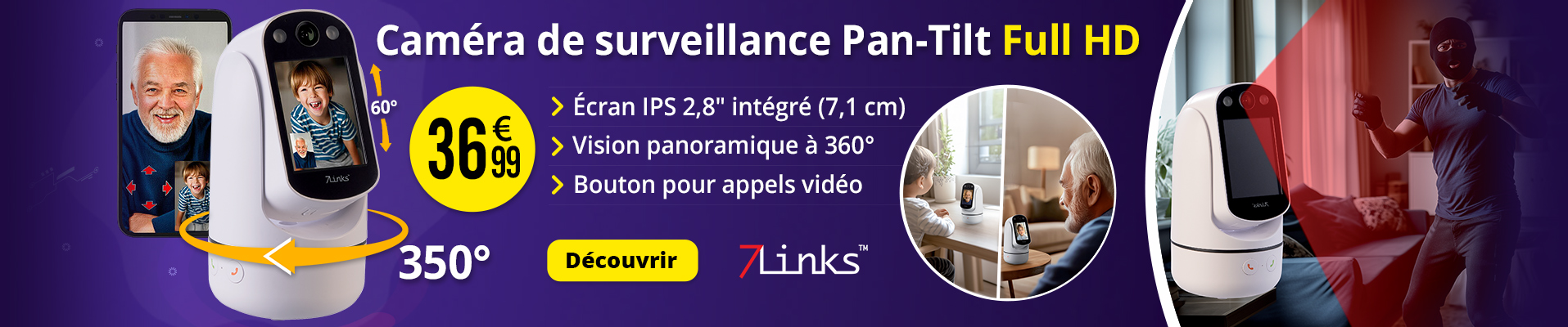 Caméra de surveillance motorisée Pan-Tilt Full HD connectée IPC-330 avec écran 7Links - ZX5704