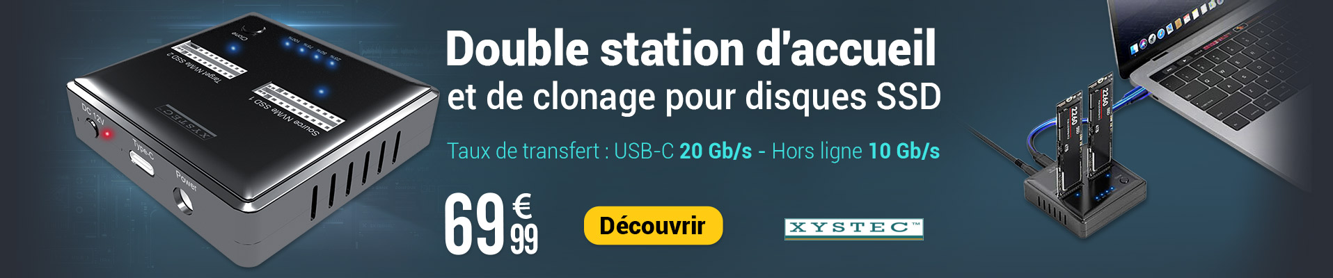 Double station d'accueil et de clonage pour disques SSD NVMe M.2 Xystec - ZX3865
