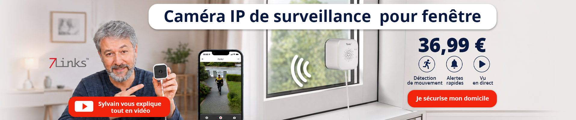 Caméra IP de surveillance connectée 2K IPC-935 pour fenêtre 7Links - JX7078