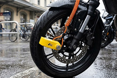 Gros plan sur la roue avant mouillée d'une moto par temps de pluie, sécurisée par un antivol bloque-disque jaune