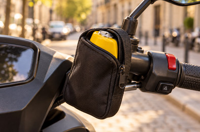 Antivol bloque-disque rangé dans sa housse noire attachée au guidon d'un scooter, rue européenne en arrière-plan flou