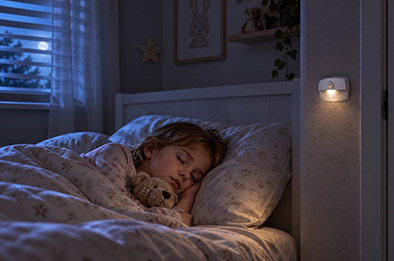 Chambre d'enfant la nuit&nbsp;: la veilleuse LED s'est presque éteinte après le passage, douce lueur de lune par les volets