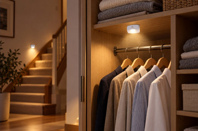 Veilleuse LED collée à l'intérieur d'un placard ouvert éclairant les vêtements, deuxième veilleuse sur l'escalier en arrière-plan, aucun câble