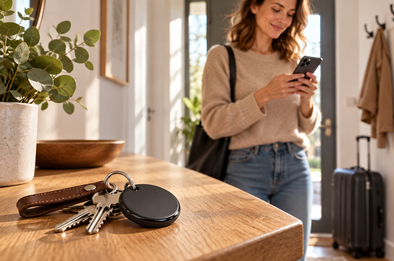 Traceur SGF-65 accroché à un trousseau de clés sur une console d'entrée, sa propriétaire le localisant depuis son smartphone, valise en arrière-plan