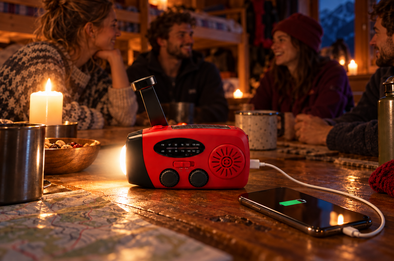 Radio solaire DOR-810 allumée en lampe sur la table d'un refuge de montagne pendant une panne de courant, smartphone en charge branché sur la radio