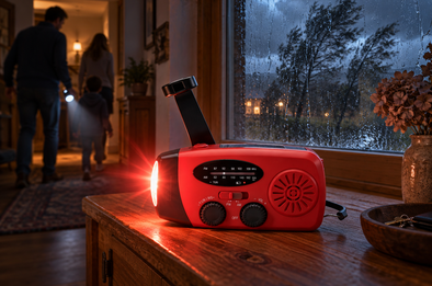 Radio solaire DOR-810 en éclairage SOS sur un buffet pendant un orage, maison plongée dans le noir