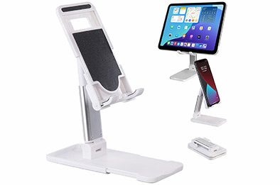 Support smartphone universel pliable et antidérapant blanc, réglable en hauteur, compatible téléphone et tablette