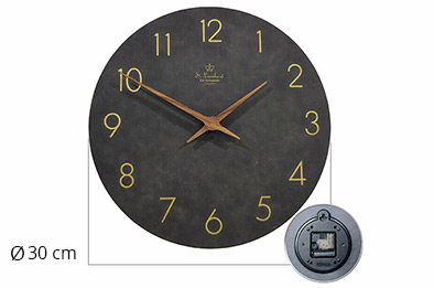 Horloge murale ronde en bois noir de 30 cm avec chiffres dorés et mécanisme silencieux
