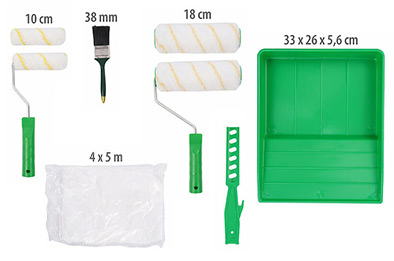 Contenu du kit de peinture : 2 rouleaux de 18 cm, 2 rouleaux de 10 cm, pinceau de 38 mm, bac de 33 × 26 × 5,6 cm, mélangeur et bâche de 4 × 5 m