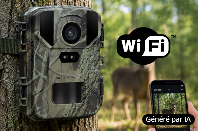 Caméra de chasse fixée à un arbre, avec connexion Wi-Fi à un smartphone pour consulter les prises de vue