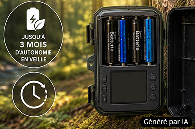 Compartiment à piles ouvert de la caméra de chasse, avec indication d’une autonomie jusqu’à 3 mois en veille