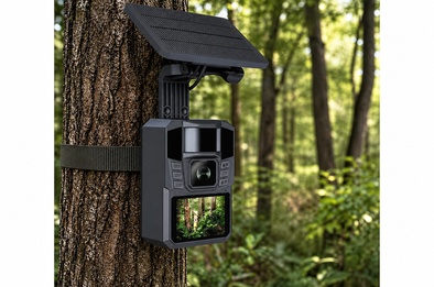 Caméra de chasse gris foncé fixée à un arbre en forêt avec le panneau solaire monté au-dessus