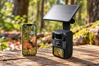 Smartphone affichant la photo d'un cerf enregistrée par la caméra, posé à côté de la caméra de chasse entièrement visible