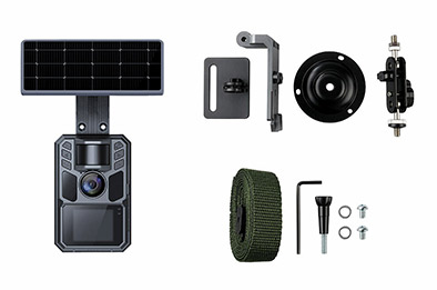 Pack complet: caméra de chasse, panneau solaire avec sa grille de cellules et accessoires de fixation