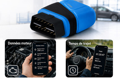 Adaptateur OBD2 connecté avec aperçu des données moteur et du temps de trajet sur smartphon