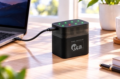 Chargeur de piles branché en USB-C sur un ordinateur portable, câble long, LED de charge visibles sur le dessus