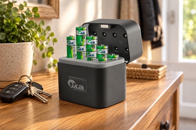 Chargeur de piles ouvert avec ses accus rangés dedans, posé sur un meuble d'entrée en bois avec des clés