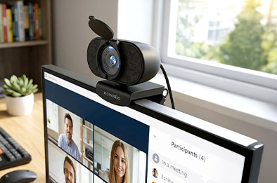 Webcam USB 2K QHD avec double microphone fixée sur écran d'ordinateur pour visioconférence