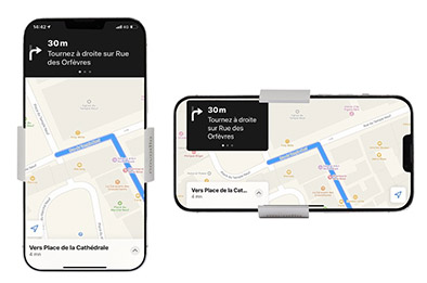Smartphone sur support vélo avec GPS visible en mode portrait et paysage pour navigation facile et lisible
