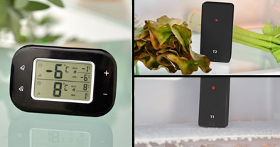 thermométre posé sur une table et capteurs posés dans un frigo et un congélateur