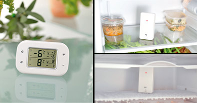thermométre posé sur une table et capteurs posés dans un frigo et un congélateur