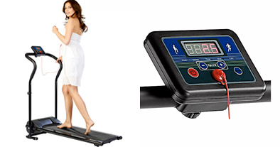 femme sur le tapis de course et zoom sur la console du tapis 