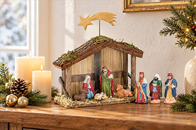 Crèche de Noël en bois posée sur une console avec bougies et branches de sapin, lumière douce d'hiver
