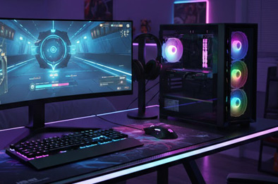 PC gamer noir avec panneau latéral vitré et quatre ventilateurs RGB dans un setup gaming
