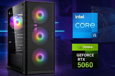 PC gamer noir avec ventilateurs RGB, équipé d’un processeur Intel Core i5 et d’une carte graphique GeForce RTX 5060