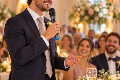 Discours de mariage avec un microphone sans fil noir et bleu, le second microphone posé sur la table