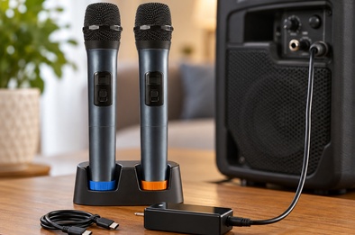 Récepteur sans fil branché par câble jack 6,35 mm à une enceinte amplifiée, câble USB-C à côté et les deux microphones posés derrière