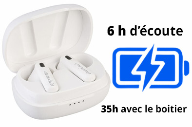 Écouteurs sans fil True Wireless avec boîtier de charge offrant 6 heures d’écoute et 35 heures d’autonomie