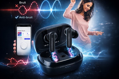 Écouteurs Bluetooth avec réduction active du bruit, boîtier de charge et application mobile de contrôle audio