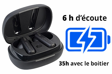 Écouteurs sans fil True Wireless avec boîtier de charge offrant 6 heures d’écoute et 35 heures d’autonomie