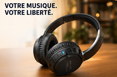 Casque audio sans fil Bluetooth 5.3 OHS-300.app noir posé sur une table avec commandes intégrées pour musique et appels mains libres