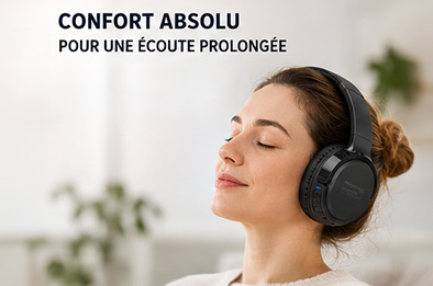 Femme portant un casque supra-auriculaire Bluetooth OHS-300.app noir avec oreillettes rembourrées pour une écoute musicale confortable et prolongée