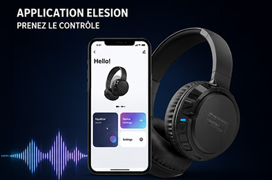 Casque audio Bluetooth OHS-300.app noir présenté avec l’application mobile ELESION ouverte sur smartphone pour réglages audio et égaliseur