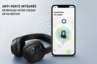 Casque sans fil Bluetooth OHS-300.app avec fonction Anti-perte affiché à côté d’un smartphone montrant la localisation cartographiée du casque
