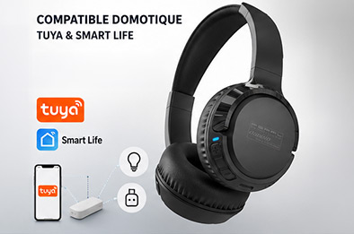 asque audio Bluetooth 5.3 OHS-300.app noir compatible Tuya et Smart Life affiché avec logos domotiques et smartphone connecté pour maison intelligente