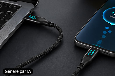 Deux câbles USB-C vers USB-C avec écran LED, connectés à un ordinateur portable et un smartphone