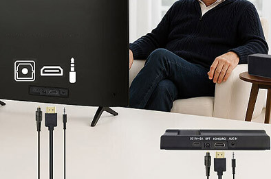 Boîtier de transmission audio TV sans fil avec ports HDMI, optique et alimentation, posé devant un téléviseur