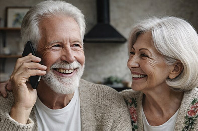 Couple de seniors assis sur un canapé, l’homme parle au téléphone pendant que la femme sourit