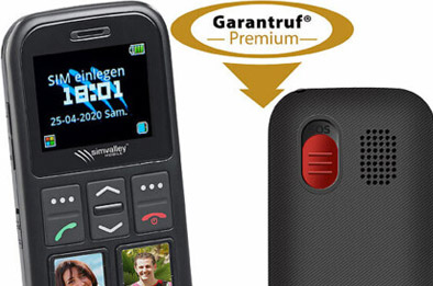 Téléphone mobile senior 4G RX-850 montrant l’écran et le bouton d’urgence SOS au dos